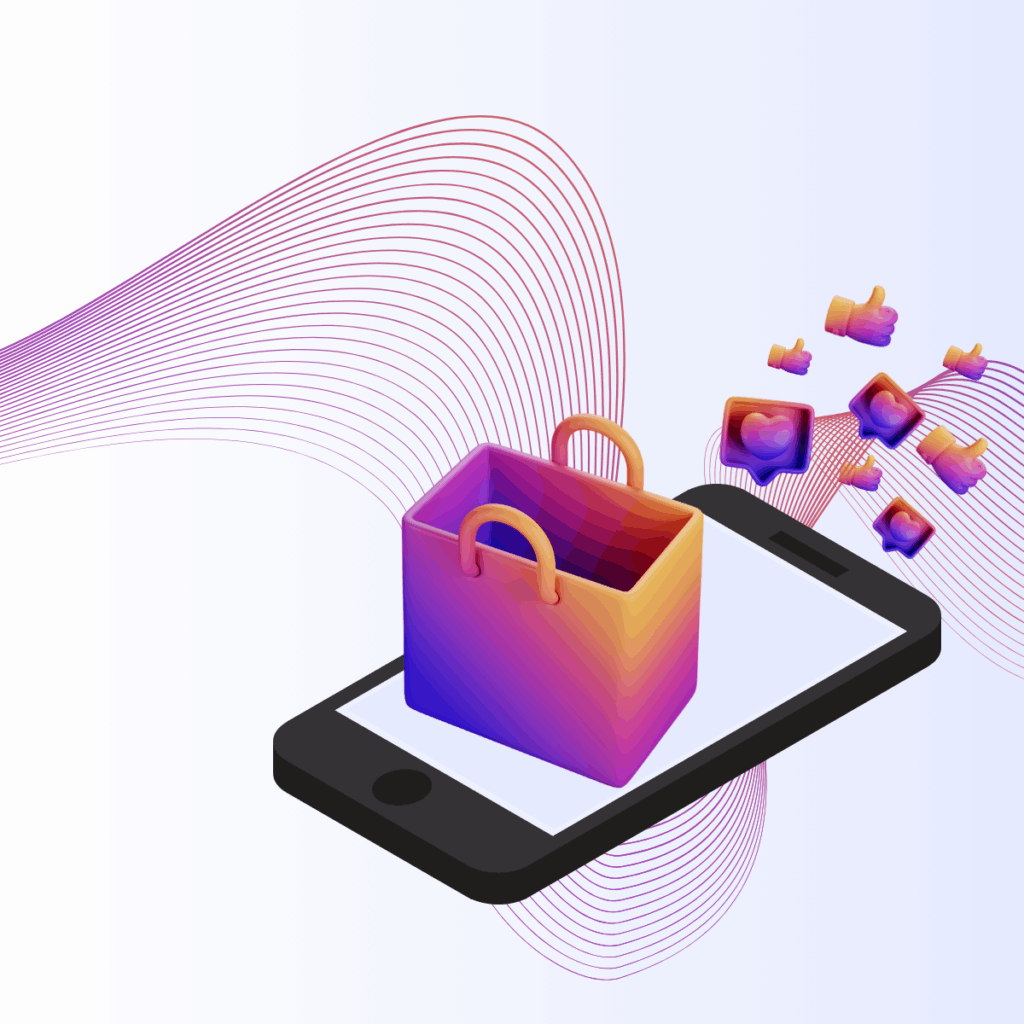 3D shopping bag on a smartphone with floating social media icons, representing mobile commerce and customer engagement.