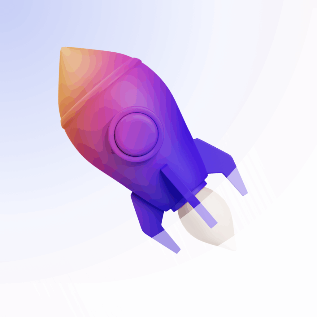 3D illustration of a purple and orange rocket ship launching upward with a glowing exhaust trail on a light gradient background.