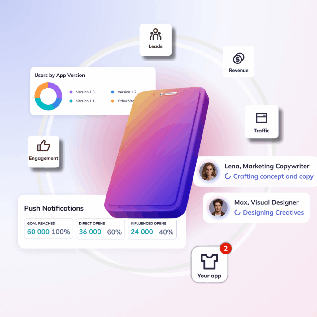 3D illustration of a smartphone surrounded by app performance metrics, engagement icons, and team roles highlighting mobile app growth.