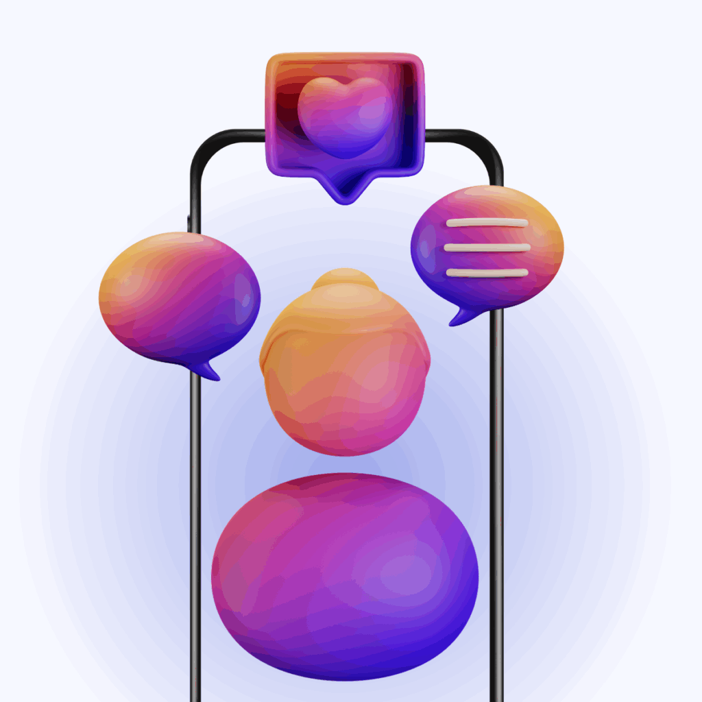 3D illustration of a person inside a smartphone frame with colorful chat and heart icons, symbolizing mobile app engagement.
