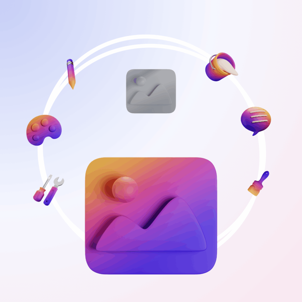 3D illustration of digital image editing icons, including a paintbrush, palette, pencil, and settings tools around gradient image thumbnails.