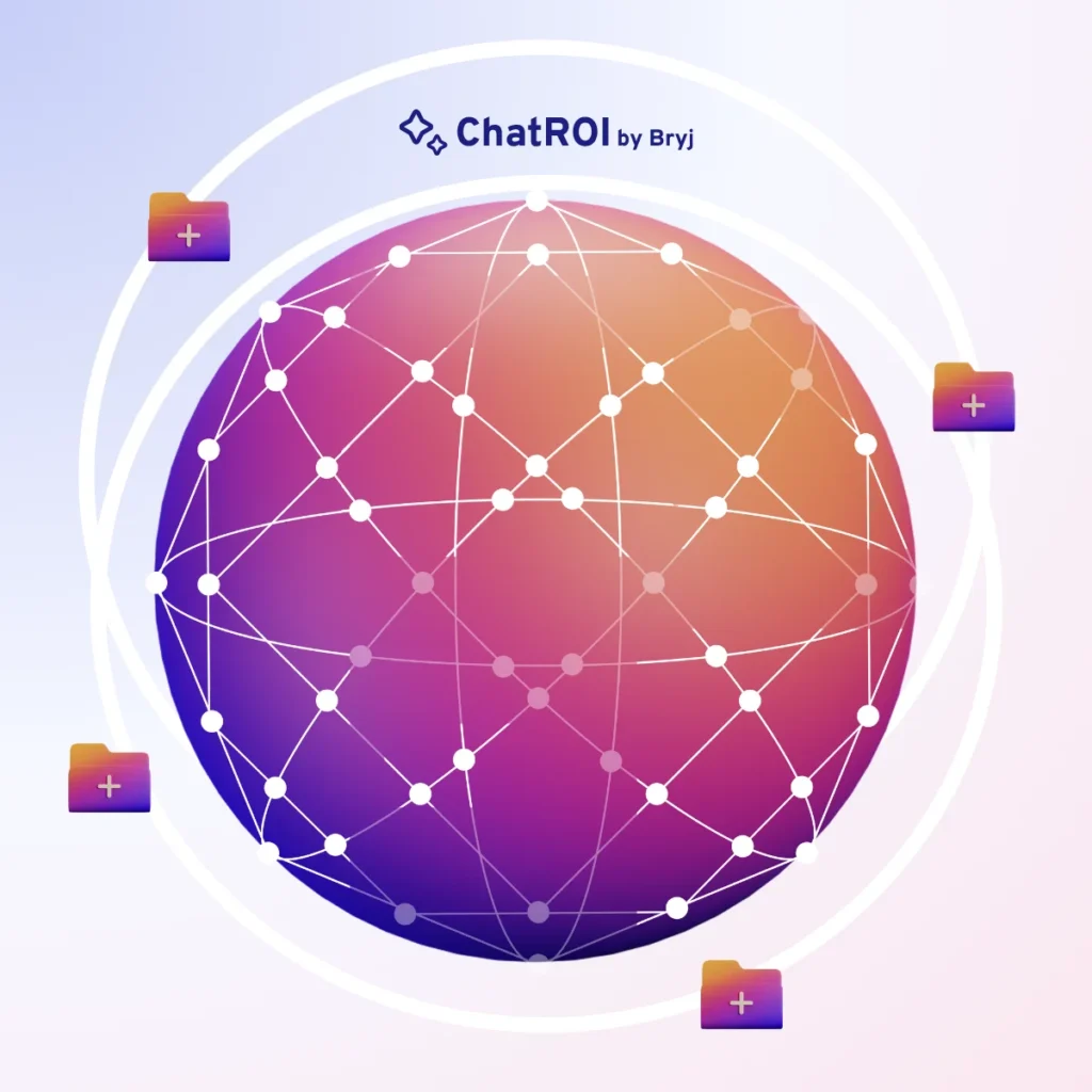 Illustration of a connected digital globe with nodes and lines, representing ChatROI by Bryj’s global AI-powered marketing network.