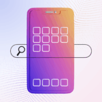A stylized smartphone with a gradient orange-to-purple color scheme displaying minimalist app icons. A black outlined search bar with a magnifying glass overlaps the phone on a soft blue and pink dotted background.