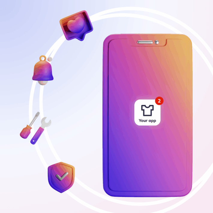 3D illustration of a smartphone with app notification and floating icons symbolizing engagement, security, and maintenance, in a purple-orange gradient style representing enterprise mobile app environment.
