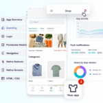 Mobile app dashboard showing eCommerce screens, app analytics, and engagement metrics like push notifications and user activity.