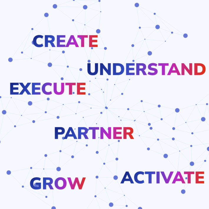 Network-style background with the words CREATE, UNDERSTAND, EXECUTE, PARTNER, GROW, and ACTIVATE in a blue-to-pink gradient.