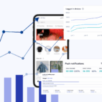 Smartphone app screen overlaid with analytics charts, including a line graph, bar chart, and push notification performance dashboard with metrics and trend lines.