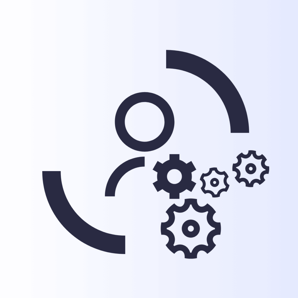 Minimal icon of a person with multiple gears, representing operations and process improvement.