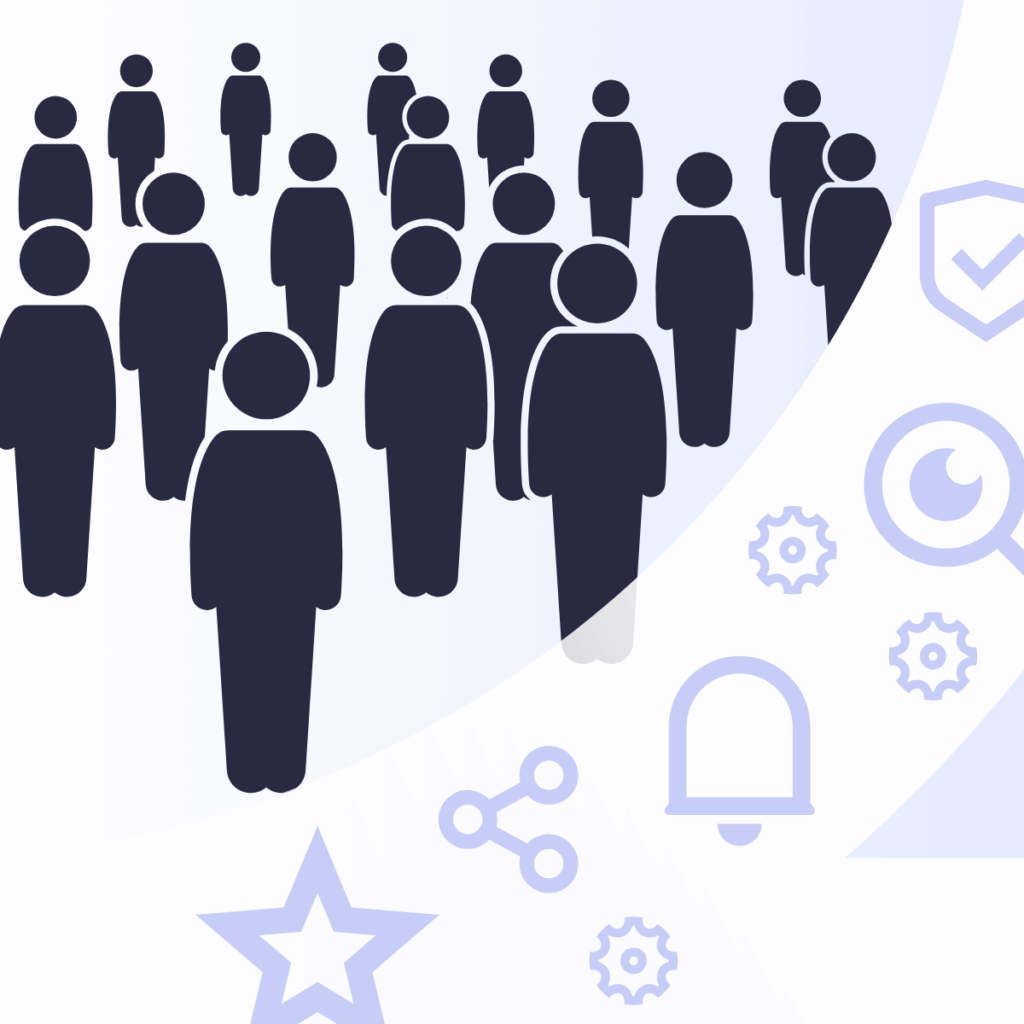Illustration of a group of people representing a user audience, with icons symbolizing engagement, notifications, sharing, and optimization.