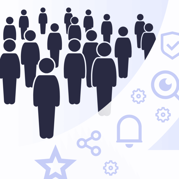 Illustration of a group of people representing a user audience, with icons symbolizing engagement, notifications, sharing, and optimization.