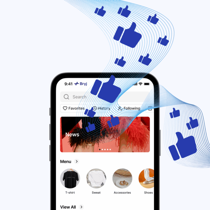 Mobile app interface with animated thumbs-up icons flowing toward the screen, representing increased user engagement and interactions.