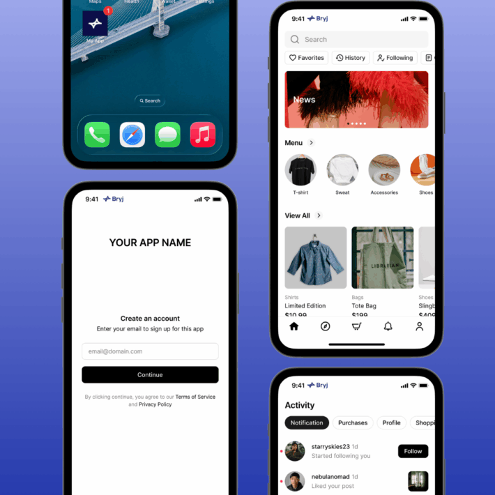 Collage of smartphone screens showing a branded app icon, sign-up screen, and a storefront-style app interface with categories, product tiles, and an activity feed.