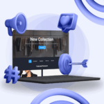 Illustration of a digital marketing experience showing an eCommerce website on a laptop surrounded by icons representing personalization, analytics, engagement, and performance marketing.