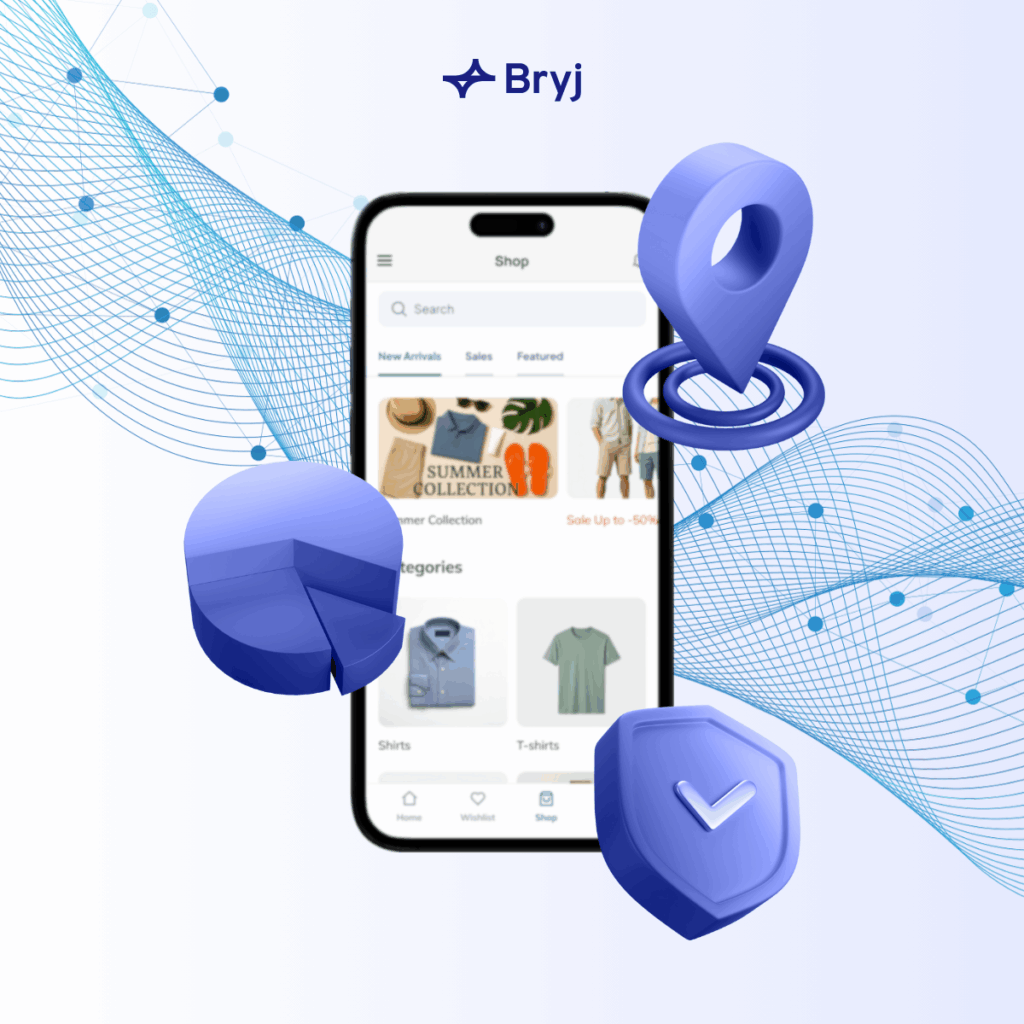 Illustration of a mobile shopping app with icons representing location, security, analytics, and data, highlighting the future of mobile experiences.