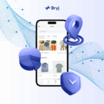 Illustration of a mobile shopping app with icons representing location, security, analytics, and data, highlighting the future of mobile experiences.