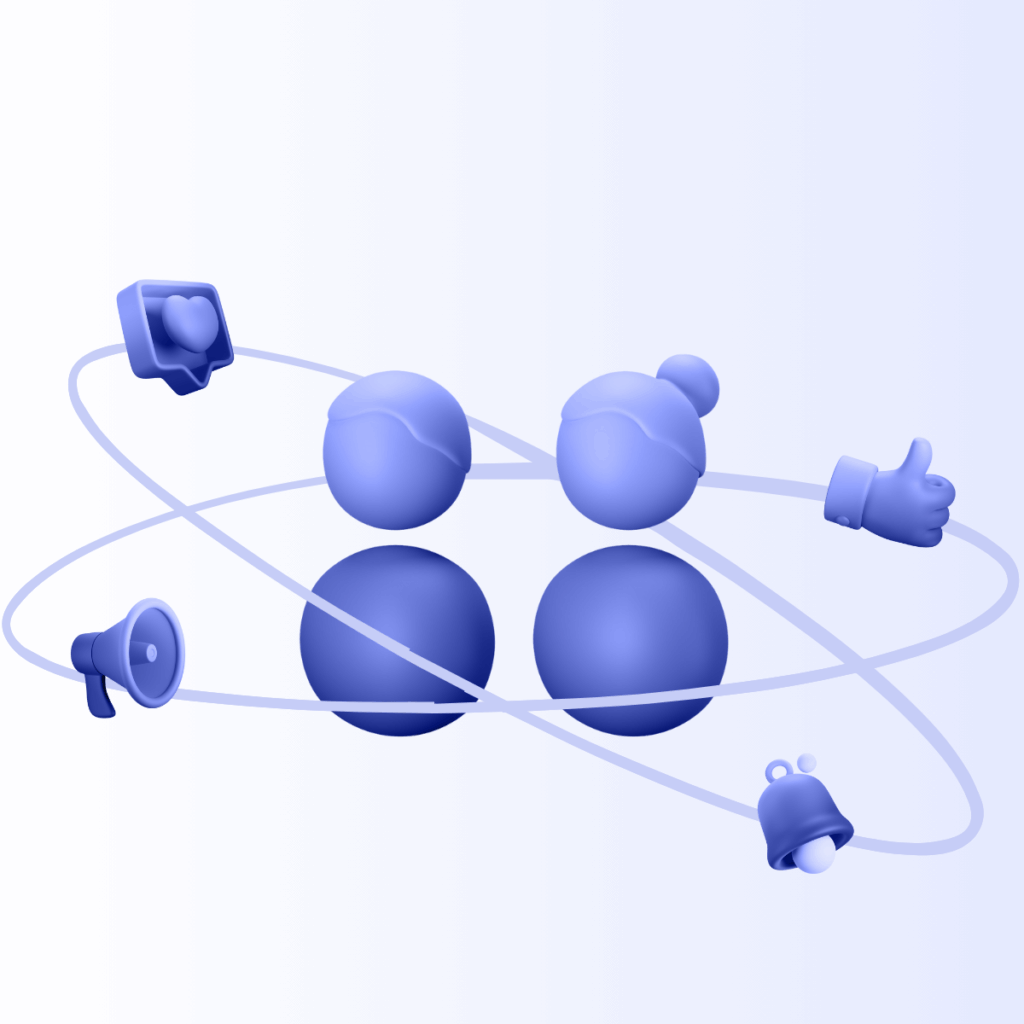 Abstract 3D illustration of two user profiles connected by marketing icons representing engagement, communication, and AI-driven interactions.
