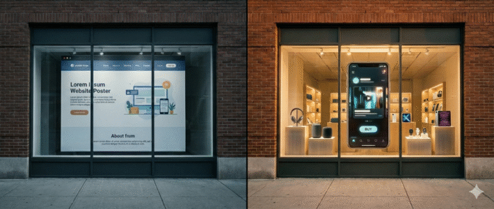 Split storefront window showing a static website displayed on the left and an interactive mobile shopping experience with products on the right.