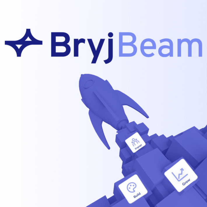 Bryj Beam logo with rocket launching above blocks labeled Build, Engage, and Grow, representing mobile growth stages.