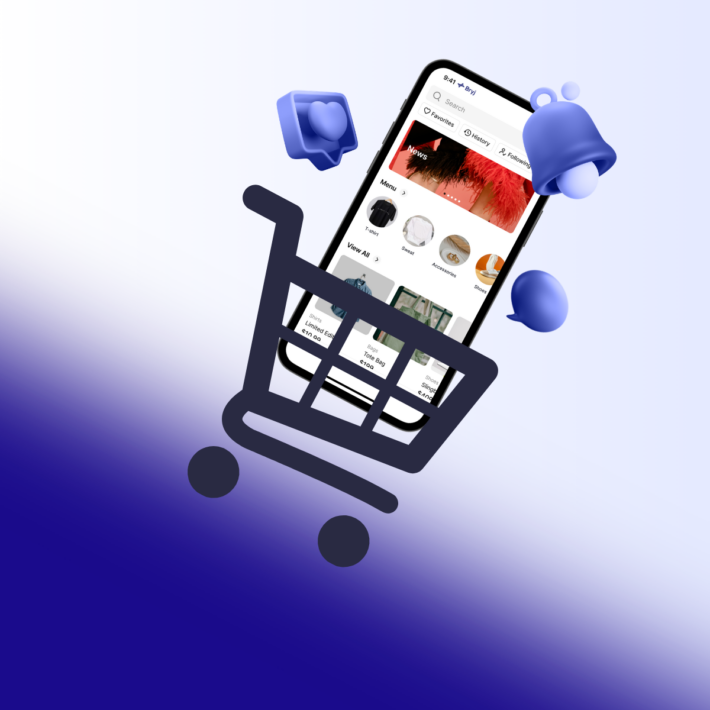 Mobile shopping app displayed inside a cart icon with floating social engagement icons (likes, notifications), representing mobile commerce and user interaction.