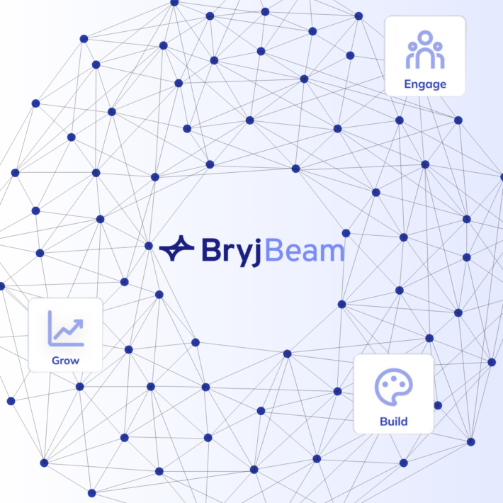 BryjBeam platform visualization showing interconnected nodes with icons for Engage, Build, and Grow.