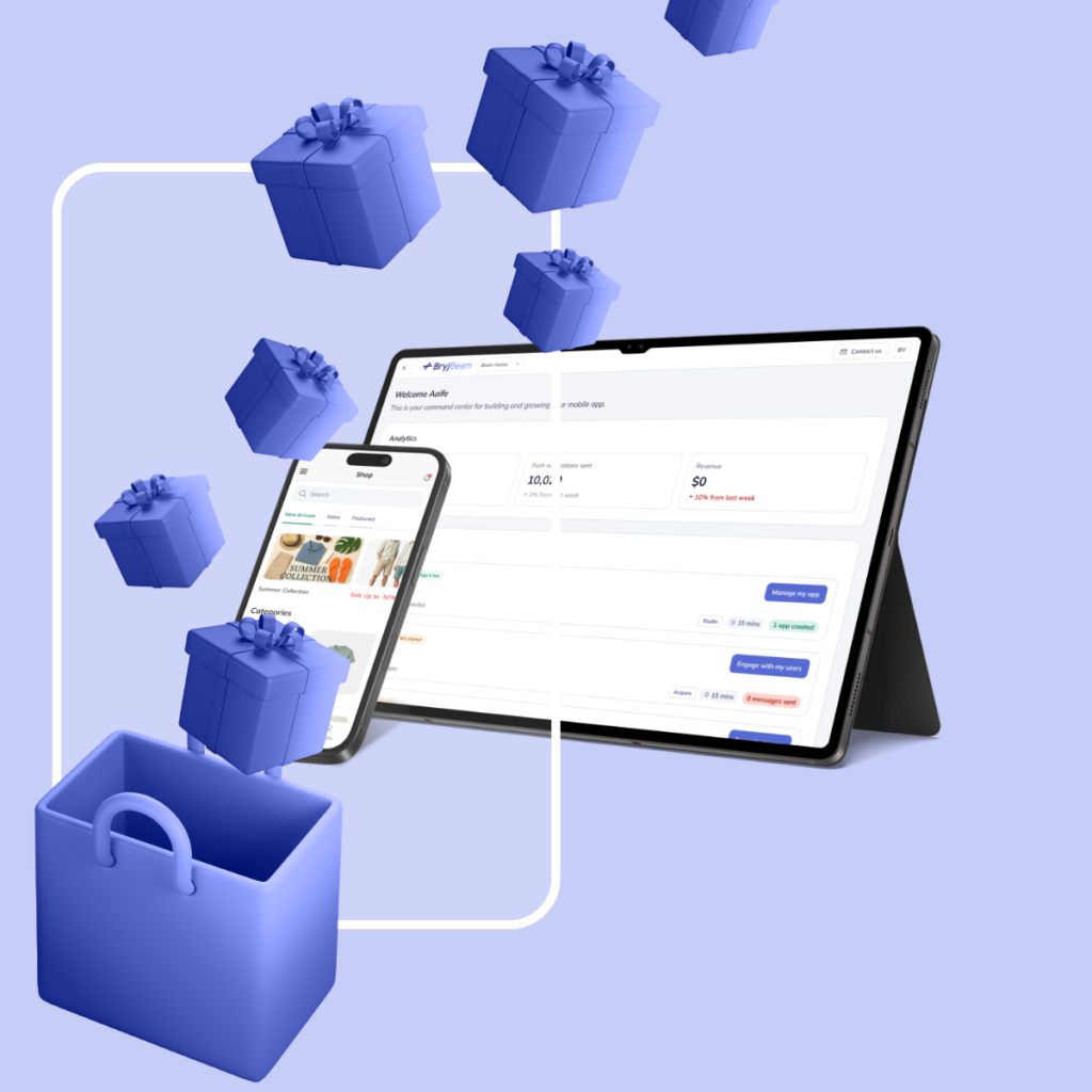 3D illustration of an e-commerce mobile app and dashboard with gift boxes dropping into a shopping bag, representing promotions and customer engagement