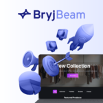 Bryj Beam branding with 3D marketing icons (megaphone, rocket, notifications) launching engagement toward an ecommerce website interface displaying a fashion collection.