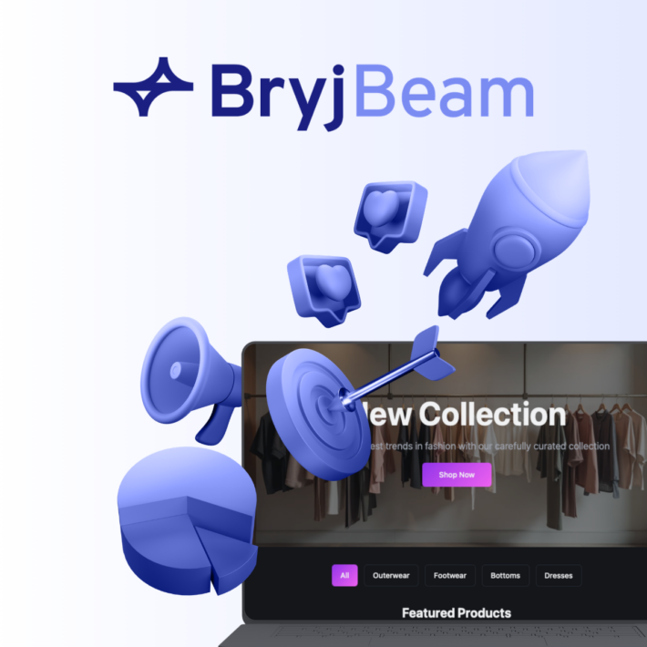 Bryj Beam branding with 3D marketing icons (megaphone, rocket, notifications) launching engagement toward an ecommerce website interface displaying a fashion collection.