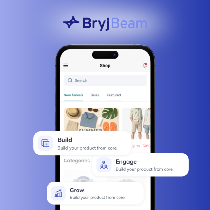 Smartphone displaying a mobile shopping app interface with BryjBeam branding and feature highlights for Build, Engage, and Grow.