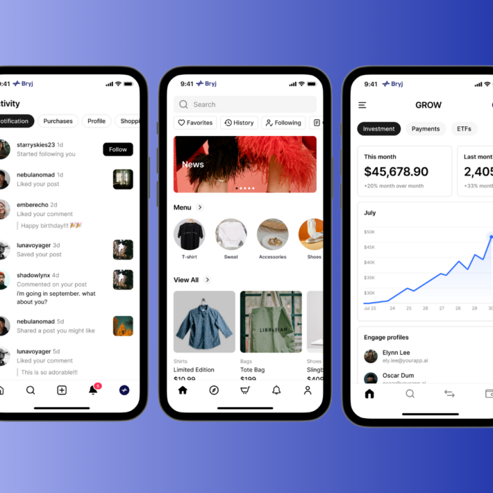 Mobile app interfaces showcasing personalized shopping, social activity feed, and analytics dashboard for exponential growth strategies