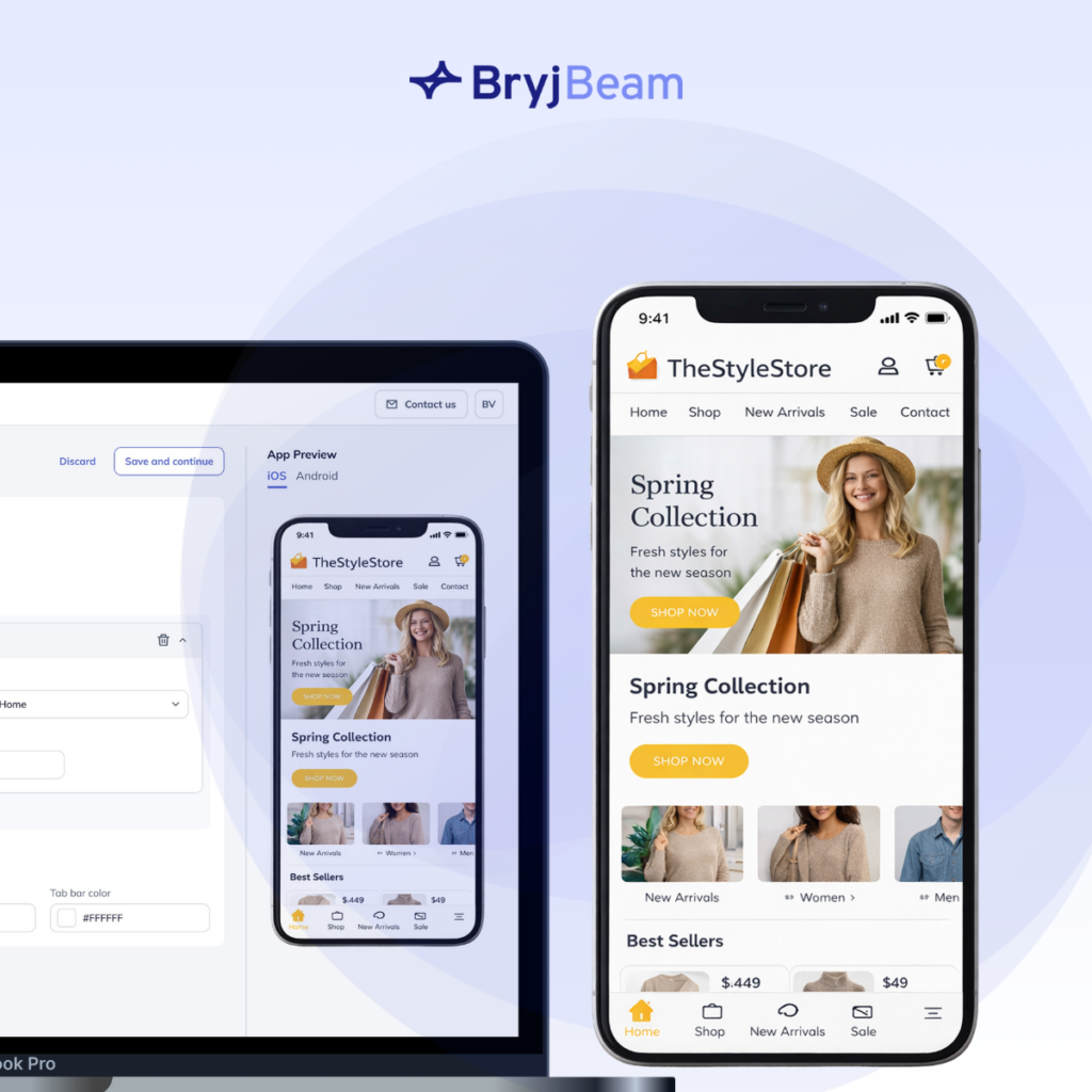 Bryj Beam interface converting a website into a mobile app with live app preview on smartphone
